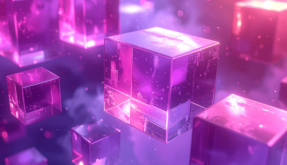 Floating purple translucent cubes with glowing reflections.