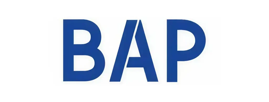 BAP logo in blue letters