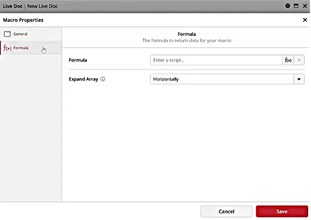 Macro properties Formula tab interface screenshot