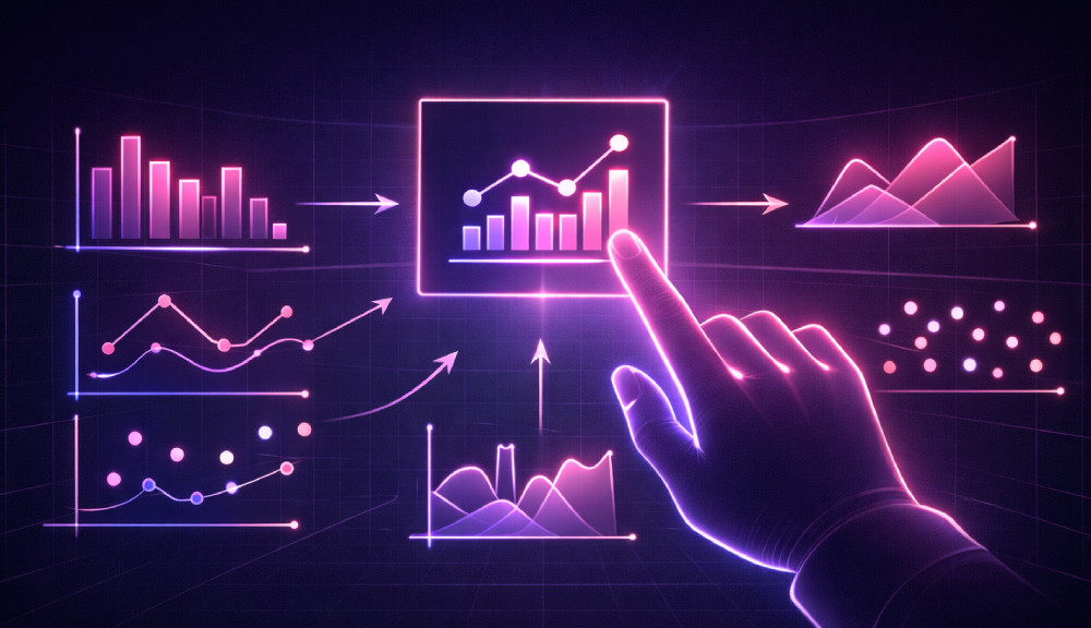 Finger pointing at digital data analytics chart.