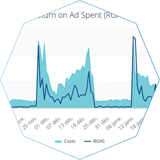 Graph showing costs and ROAS over time.