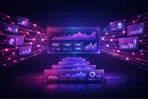 Tableaux de bord analytiques futuristes interconnectés