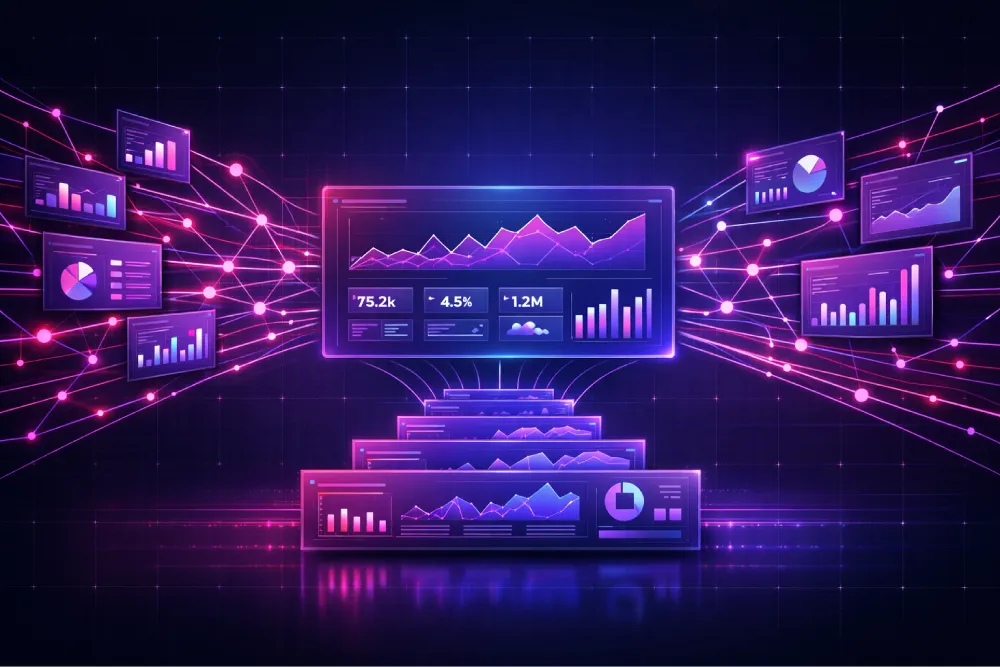 Tableaux de bord analytiques futuristes interconnectés