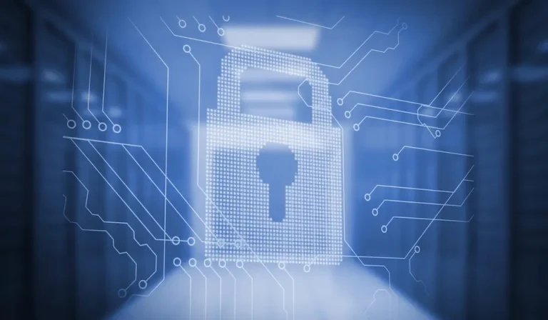 Digital padlock over server room background