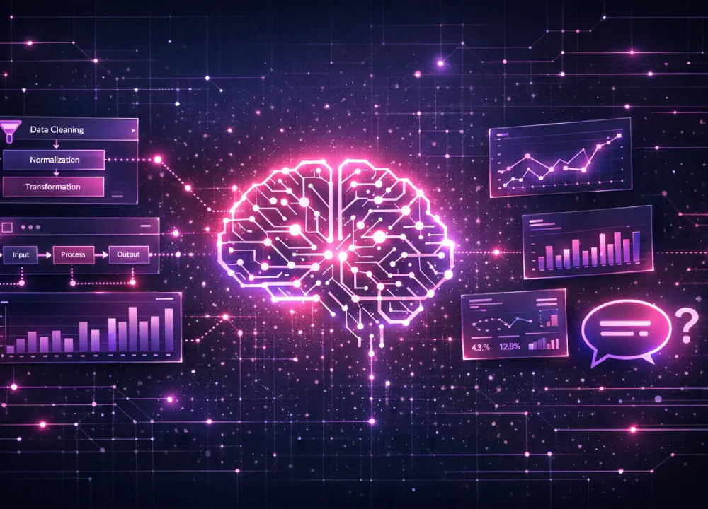 Glowing digital brain with data analytics dashboards