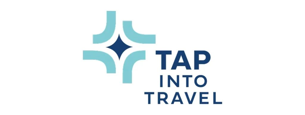 Tap Into Travel logo with blue abstract symbol