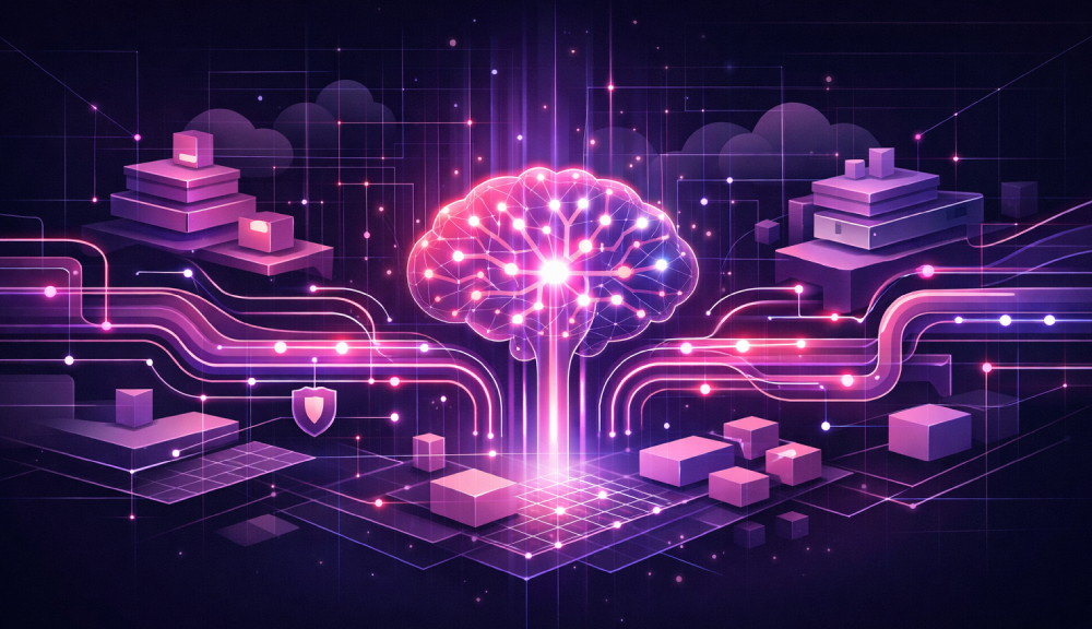 Cerveau numérique lumineux connecté à des serveurs