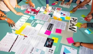 Réunion créative autour d’une table avec post-its colorés