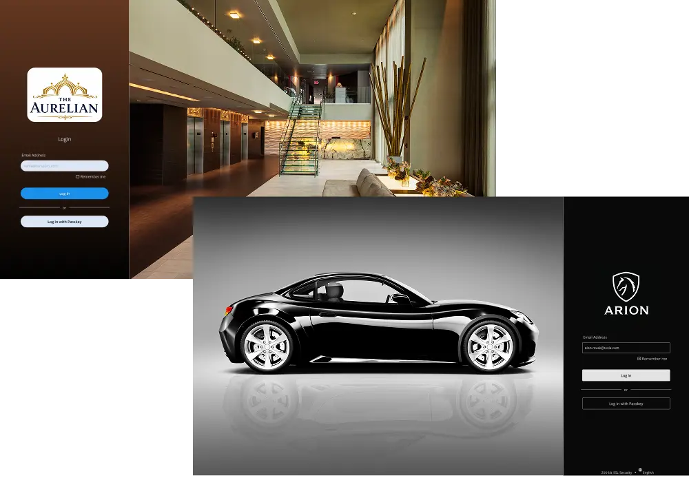 Écrans de connexion du hall d'entrée luxueux et de la voiture de sport noire