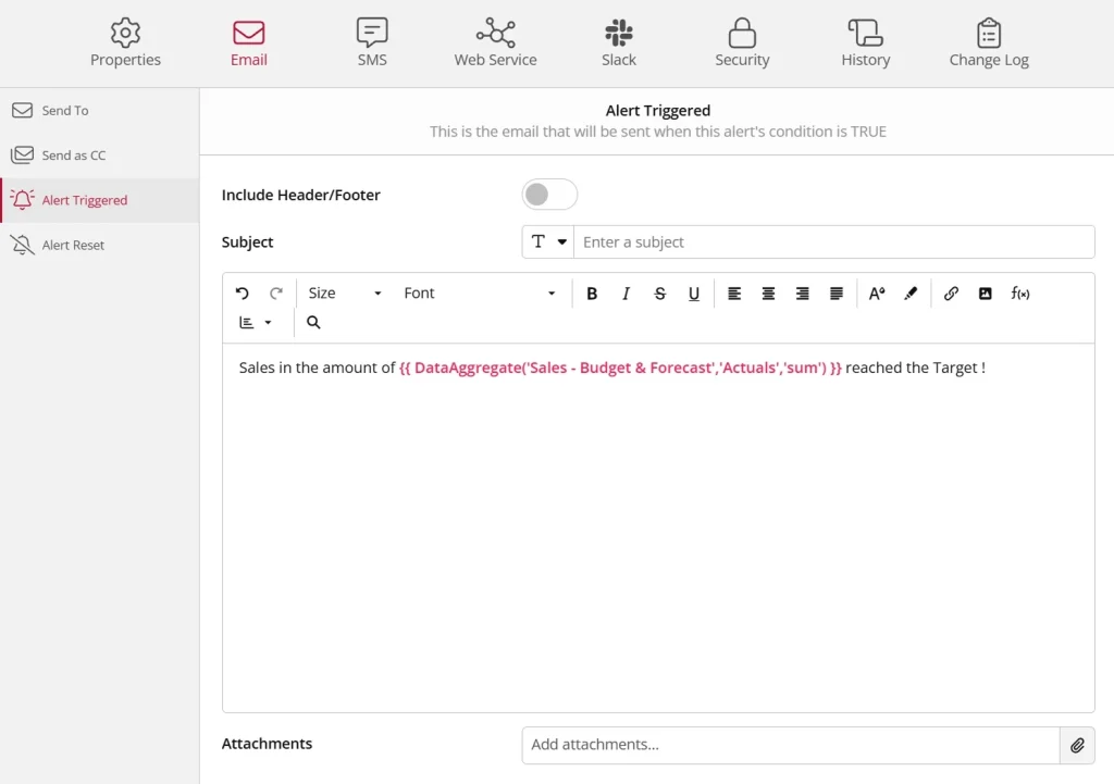 Example of condition-based alert set up in ClicData