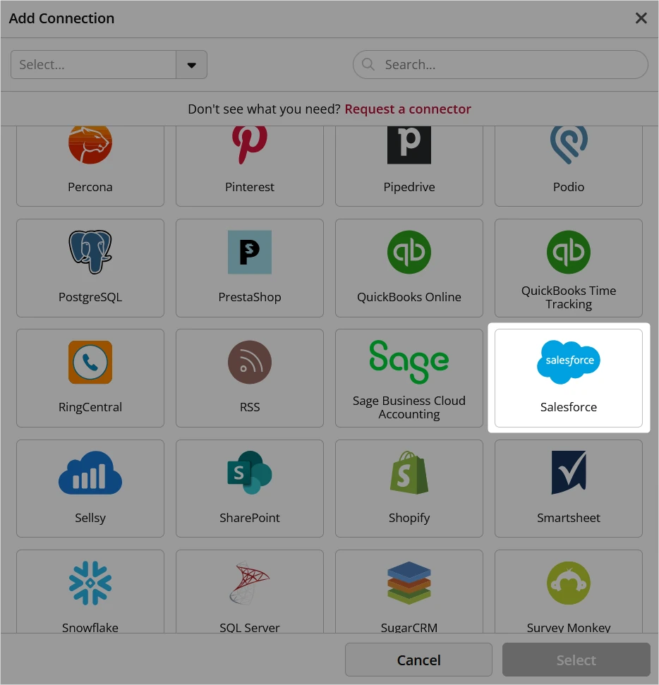 Select Salesforce in the list of connectors