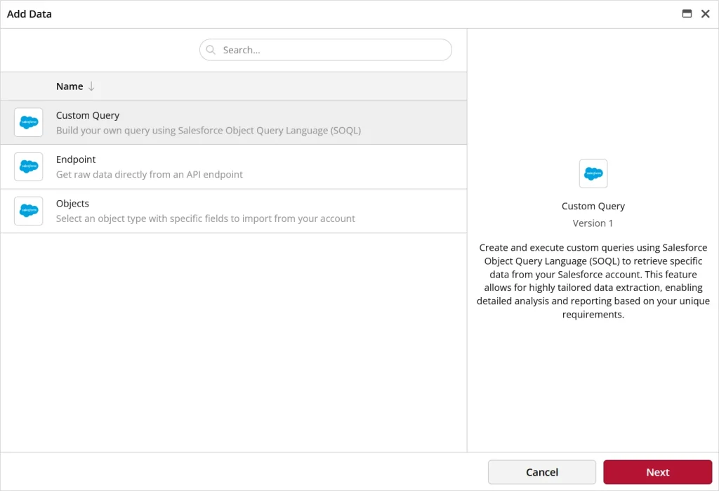 Choose how you want to import data (custom queries or pre-built tables)